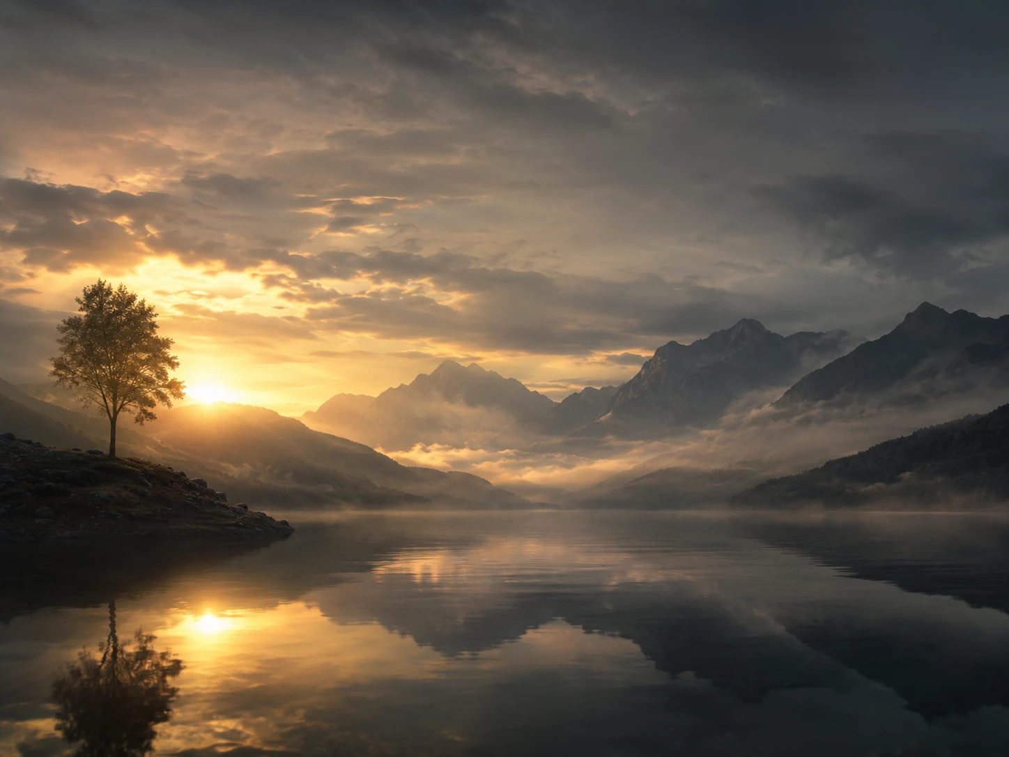 Atmospheric landscape with a lone tree, still lake and light breaking through clouds